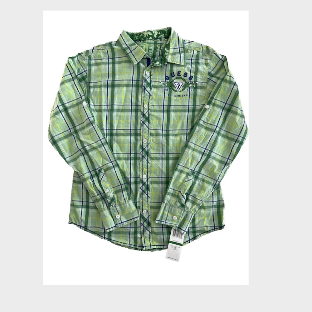 Guess Boys Youth Plaid Shirt with Roll up Long Sleeves Size Large (16-18)